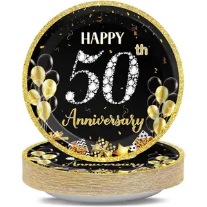48 count 50th Anniversary Party Plate Employee Career Wedding 50th Anniversary Party  Black Disposable Paper Dessert Cake Platter Supplies Set for Fiftieth Anniversary Party Decoration Favor