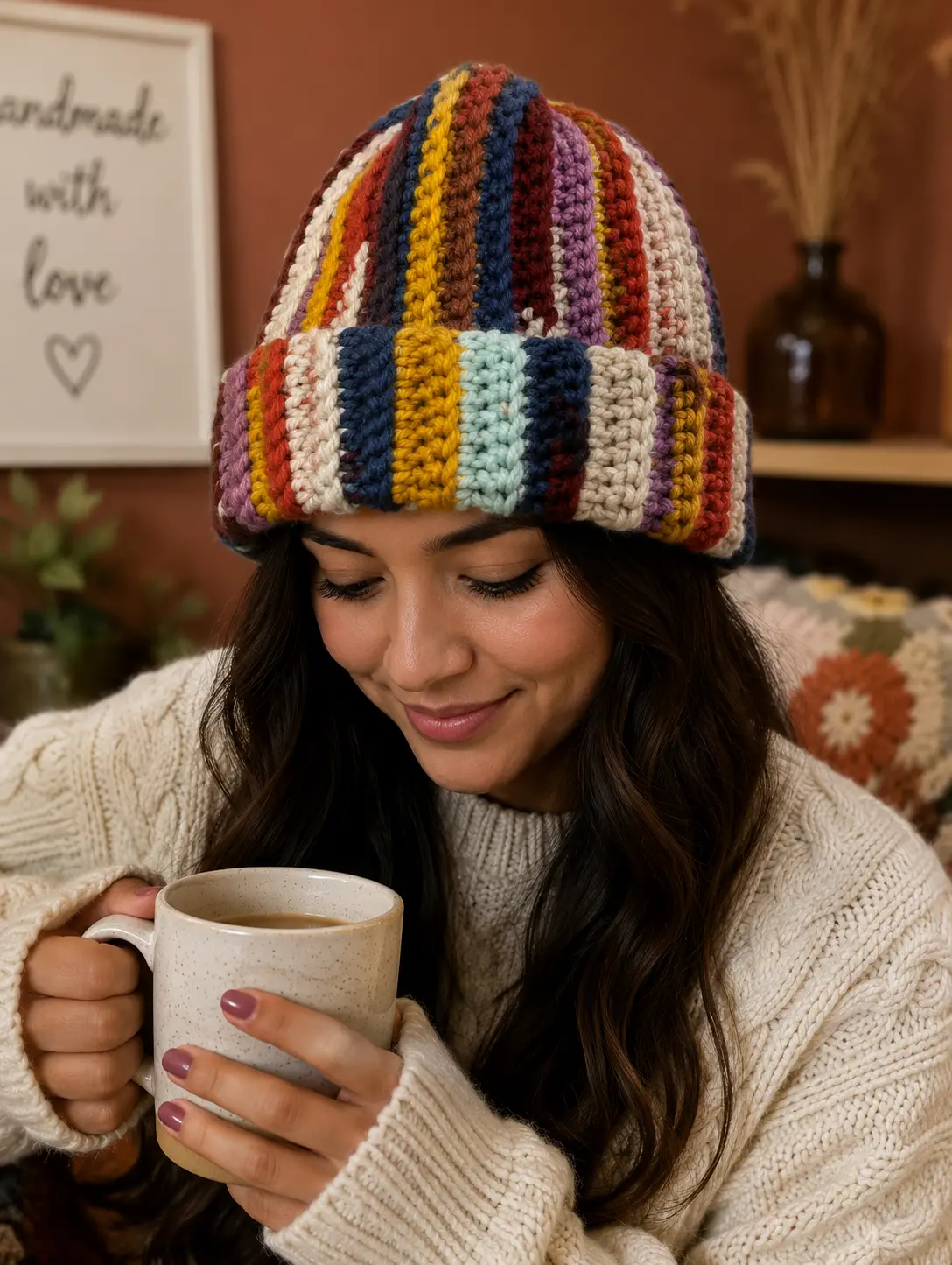 Unisex Chunky Ribbed Crochet Beanie - Multicolor Mosaic Pattern, Handmade Soft Stretch Acrylic Hat for Warmth on Chilly Days