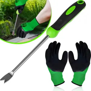 12.8'' Dandelion Weed Puller Tool with Soft Handle Polished Stainless Steel Garden Hand Weeder Remover Tool Two-pronged Fork with Gloves for Garden Lawn Farmland Planting Care in Patio Lawn Yard