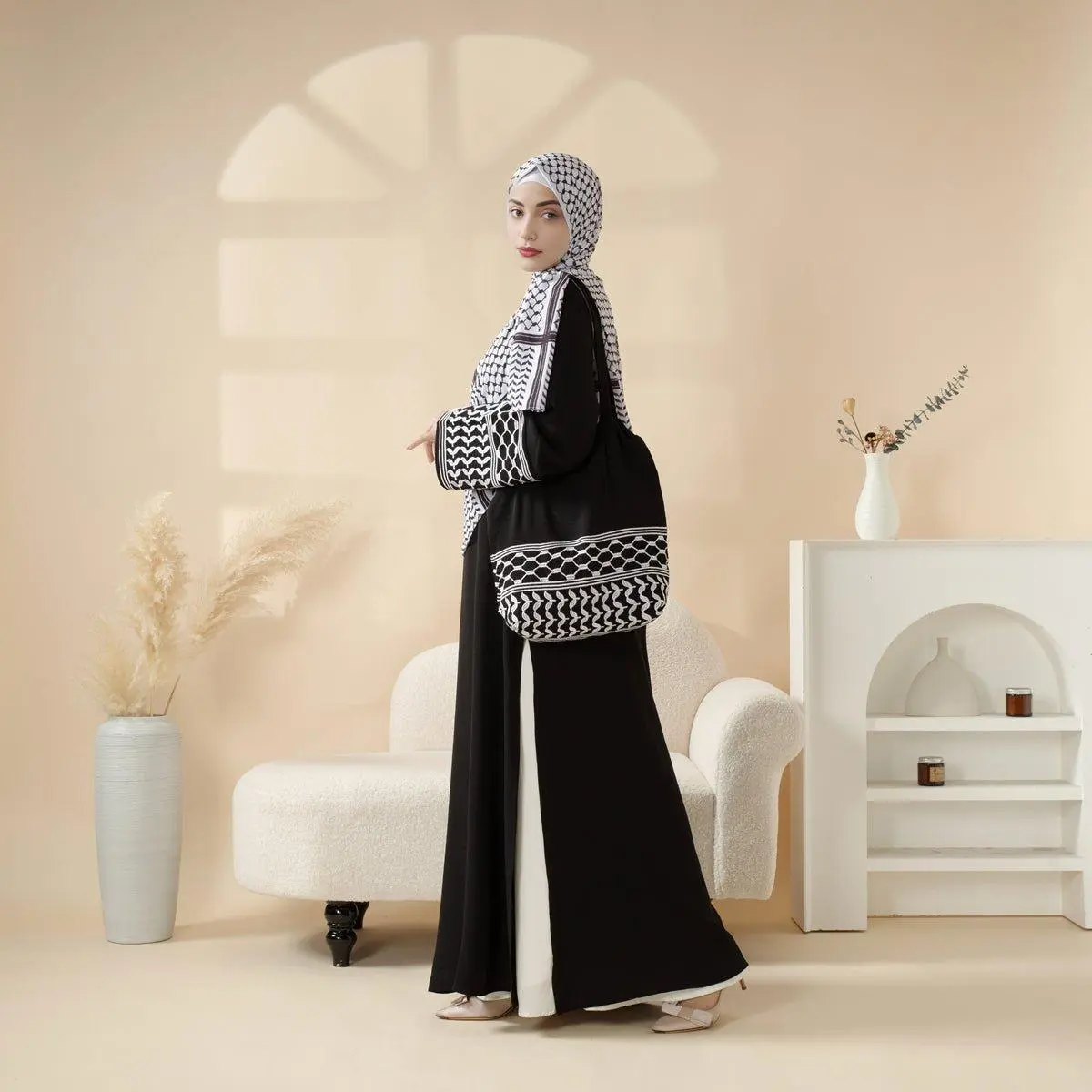 Women's 2-Piece Modest Palestinian Keffiyeh-Inspired Loose Crepe Abaya Set - Lightweight, Formal Chic, Matching Crossbody Bag (MA131), Abaya Outer Robe, Breathable Pullover, Quick On, From Office to Gatherings, Islamic Cultural Clothing, Islamic Modesty C