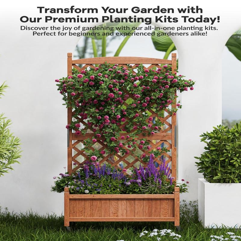 1PC Wood Planter Box with Trellis - 29.5"x26"x61.5" Tall Raised Garden Bed with Wheels, Drainage Holes, Vertical Flower Stand for Patio Horticulture