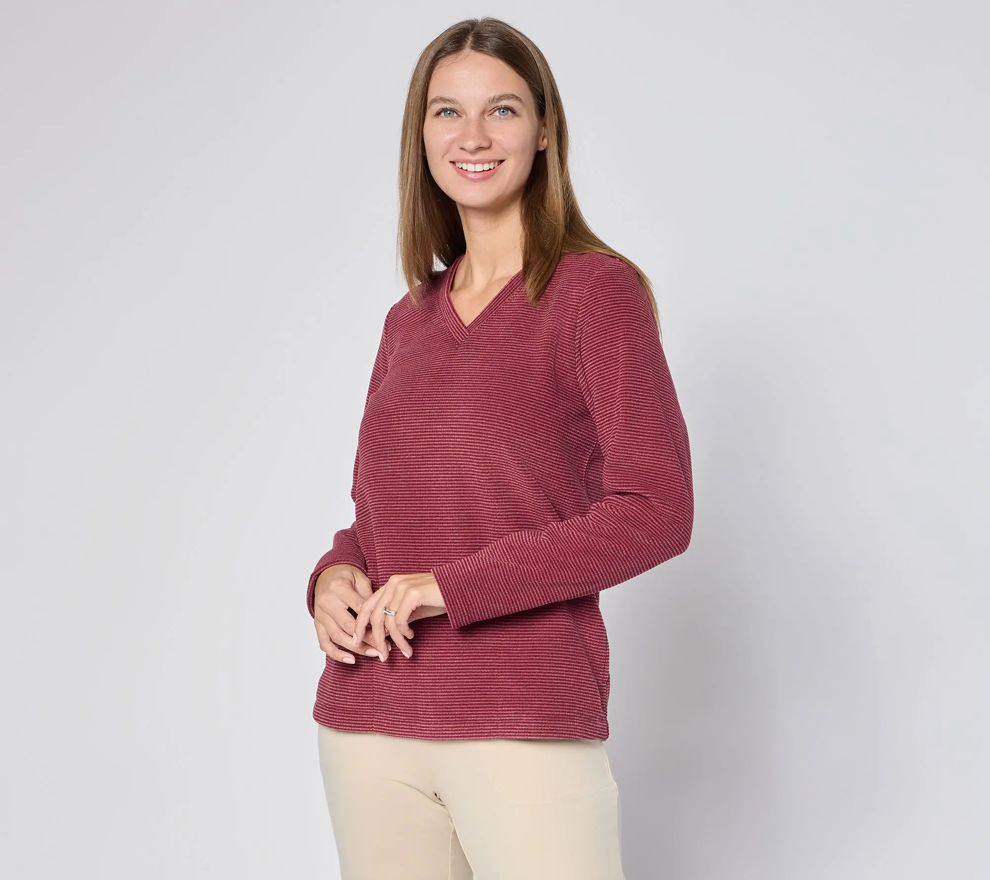 Denim & Co. Petite Chenille Fleece V-Neck Pullover with Pockets
