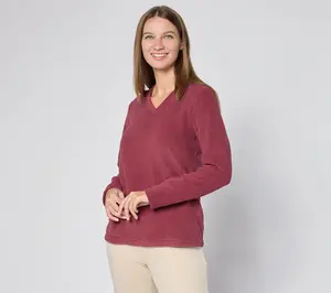 Denim & Co. Petite Chenille Fleece V-Neck Pullover with Pockets