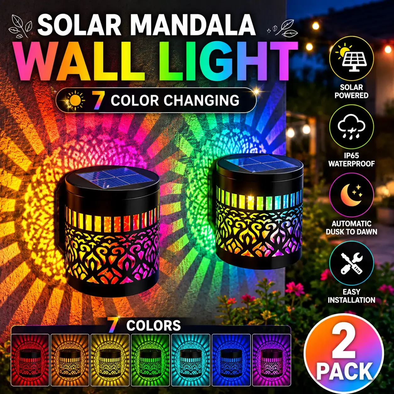 Decorative Solar Mandala Lights Outdoor, Waterproof Color-Changing Metal Fence Wall Light with Mandala Projection, Solar Powered Garden Patio Backyard Deck Post Ambient Decor