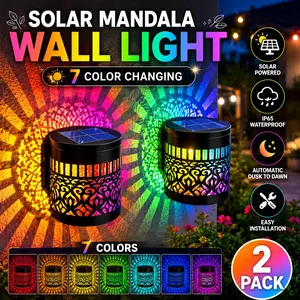 Decorative Solar Mandala Lights Outdoor, Waterproof Color-Changing Metal Fence Wall Light with Mandala Projection, Solar Powered Garden Patio Backyard Deck Post Ambient Decor