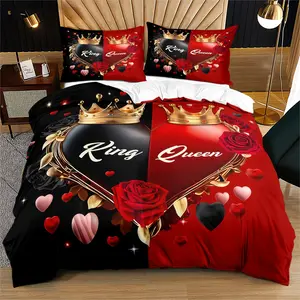 King and Queen Couple Duvet Cover Set, Include One Comforter Cover and 1/2 Pillowcases, Red Black Rose Crown Print Personality Quilt Cover, Multiple Patterns Available, Bedding Sets
