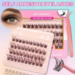 Self-Adhesive Eyelash Extension Kit with Tweezers, Includes 12-14-16mm Fluffy Eyelash Clusters, No Glue Needed, Lightweight Design for Beginners, Diy Eyelash Kit
