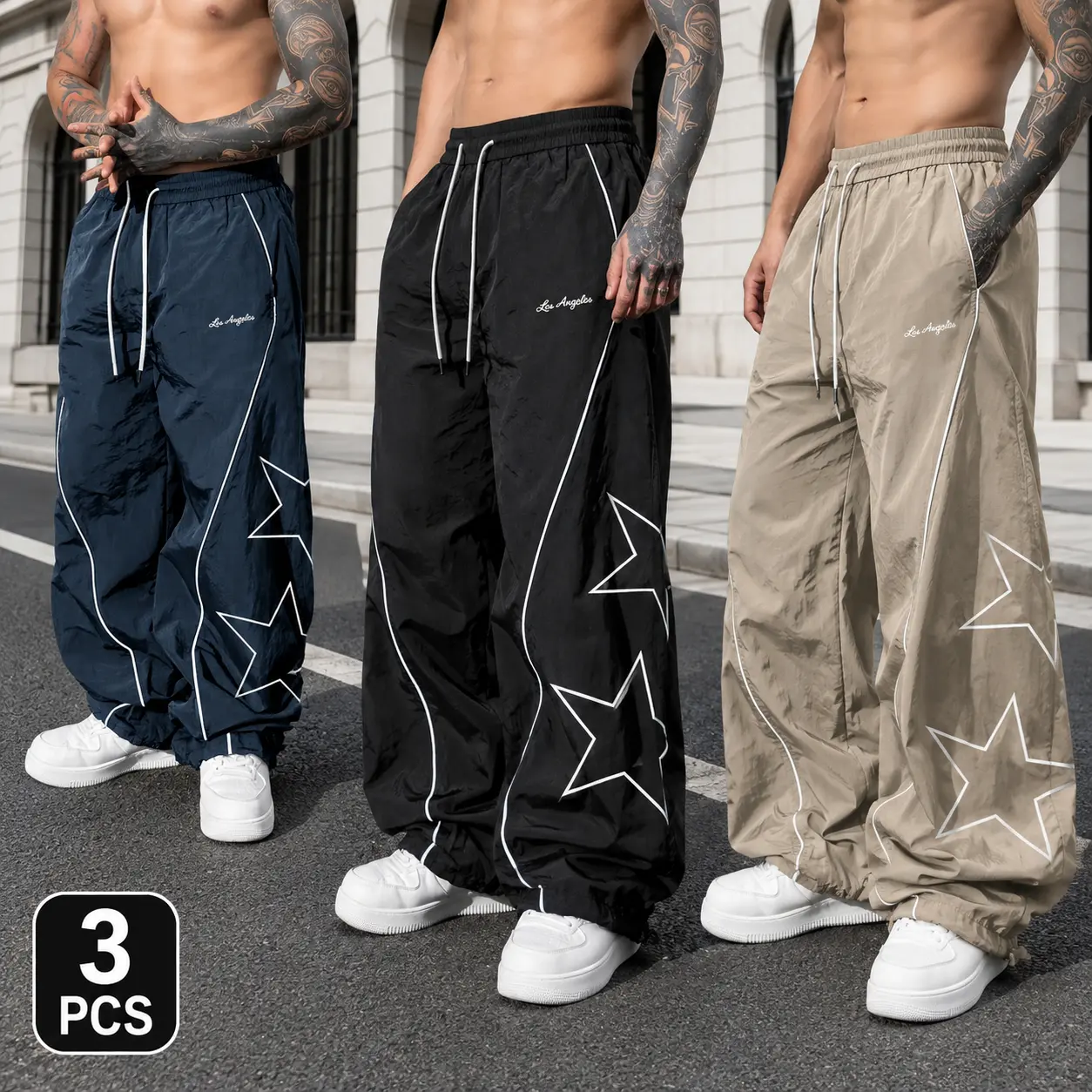 Pantalones para Hombre 3 Pack, Oversized Y2K Windbreaker Pants with Bold Star Outline, Curved Contrast Piping, Elastic Drawstring Waist and Wide Leg Fit, Trendy Hip Hop Streetwear Bottoms for Dance, Skate, Concerts, Parties and Urban Fashion Menswear Over