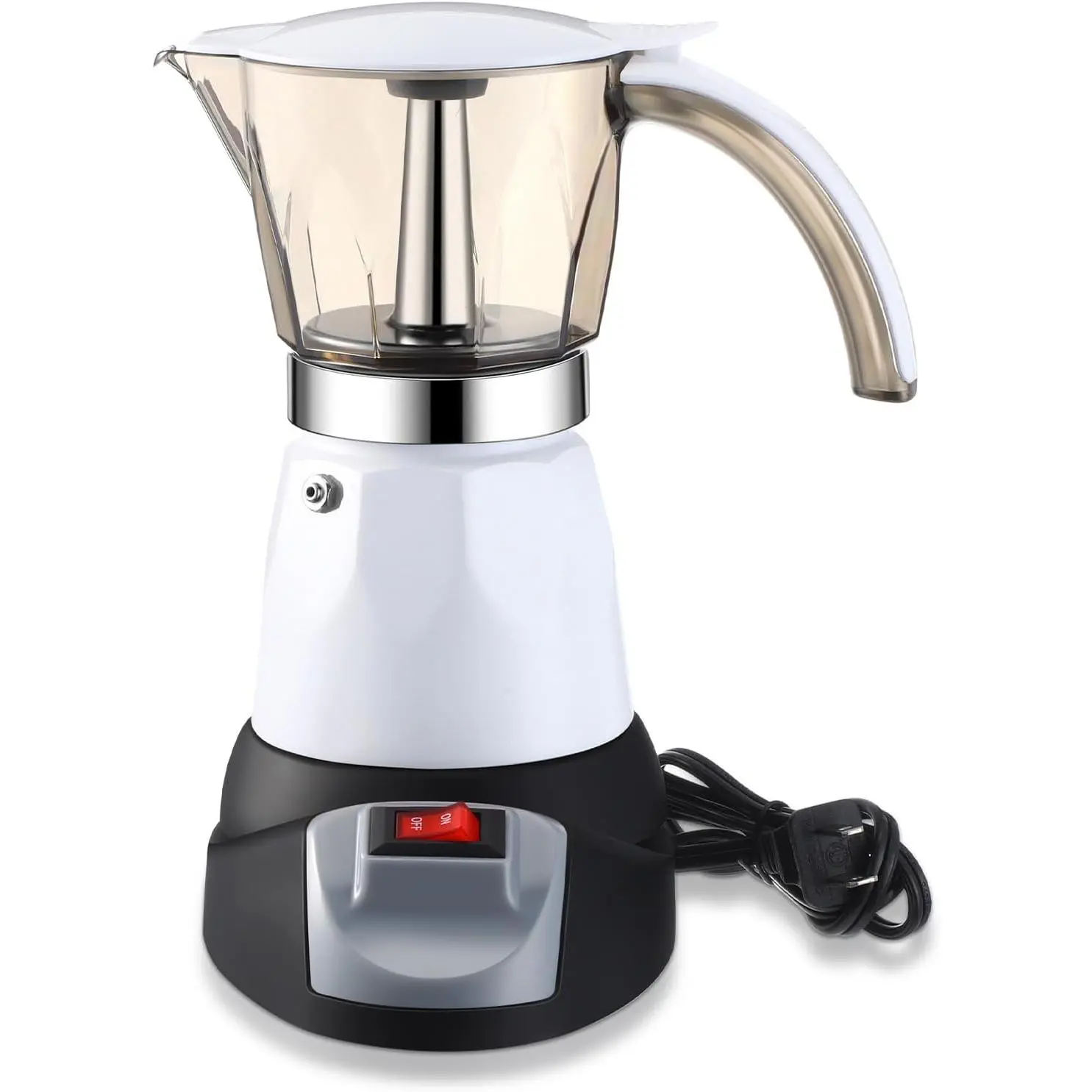 Electric Espresso Maker Transparent Coffee Maker Electric Moka Pot Portable Aluminum Espresso Machine Italian Moka Pot with Detachable Base, Coffee  for Women Men Home Travel(White,6 Cup)