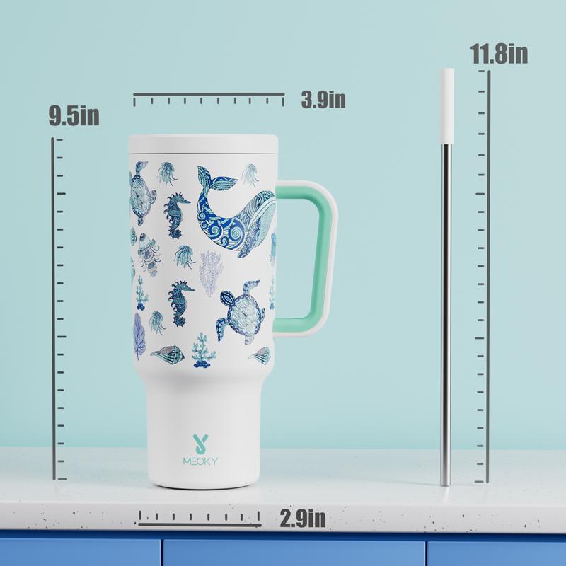 【Latest Style】 - Meoky 40oz Stay Hot Or Cold All DayStainless Steel Thermos Cup, Perfect For Car, Office & Travel, Large Capacity, Trendy Design, Valentine's Day gift Ready Glow-In-The-Dark White Marine Life, Insulated Mug Tumbler With Handle