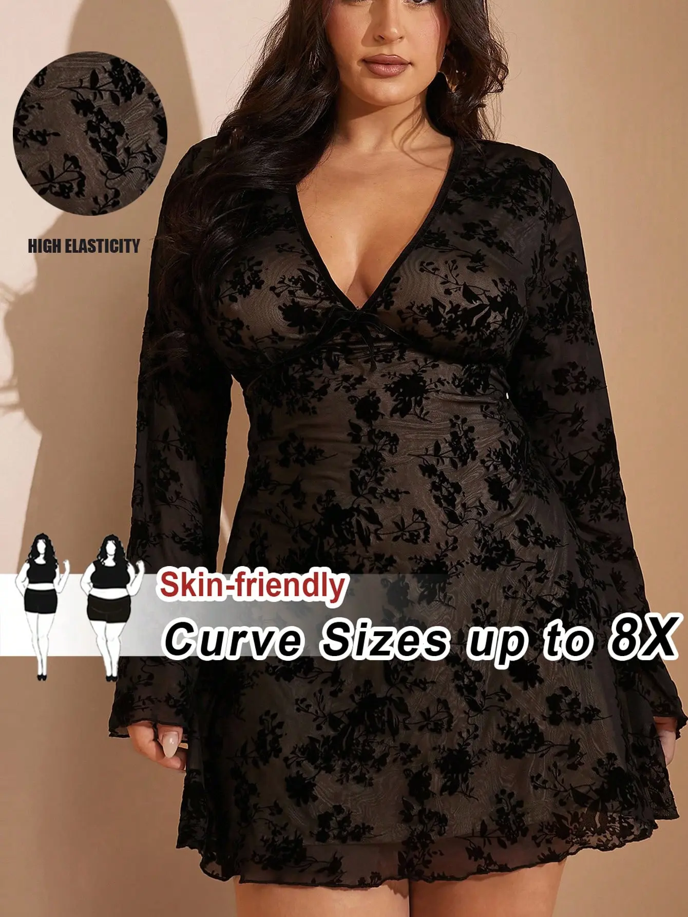 CURVE+ Plus Size V-Neck Green Embroidered A-Line Dress, Elegant Casual Spring/Summer Dress