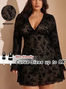 CURVE+ Plus Size V-Neck Green Embroidered A-Line Dress, Elegant Casual Spring/Summer Dress