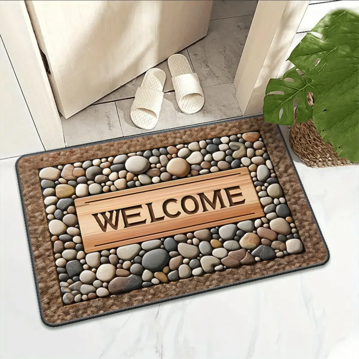 Diatom Mud Pebble Art Welcome Mat, Rectangular Decorative Non-Slip Anti-Fouling Machine Washable Doormat, Home Decor for Living Room, 50x80/60x90 cm Door Entrance Mat, Anti-Skid Bath Mats