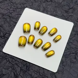 K5 Golden Sunset Short Yellow agate crystal cat eye removable press on nails dark style almond press base color
