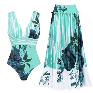 FLAXMAKER Women's V Neck Blossom Print One Piece Swimsuit and Matching Skirt Set Beachwear Swimdress Bathing Suit Beachdress Stylish Beachwear #TikTokShopBlackFriday