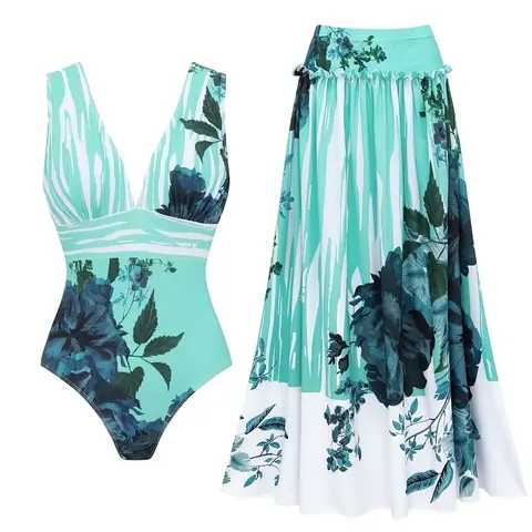 FLAXMAKER Women's V Neck Blossom Print One Piece Swimsuit and Matching Skirt Set Beachwear Swimdress Bathing Suit Beachdress Stylish Beachwear #Summervibes outdoorfun #SwimWeek