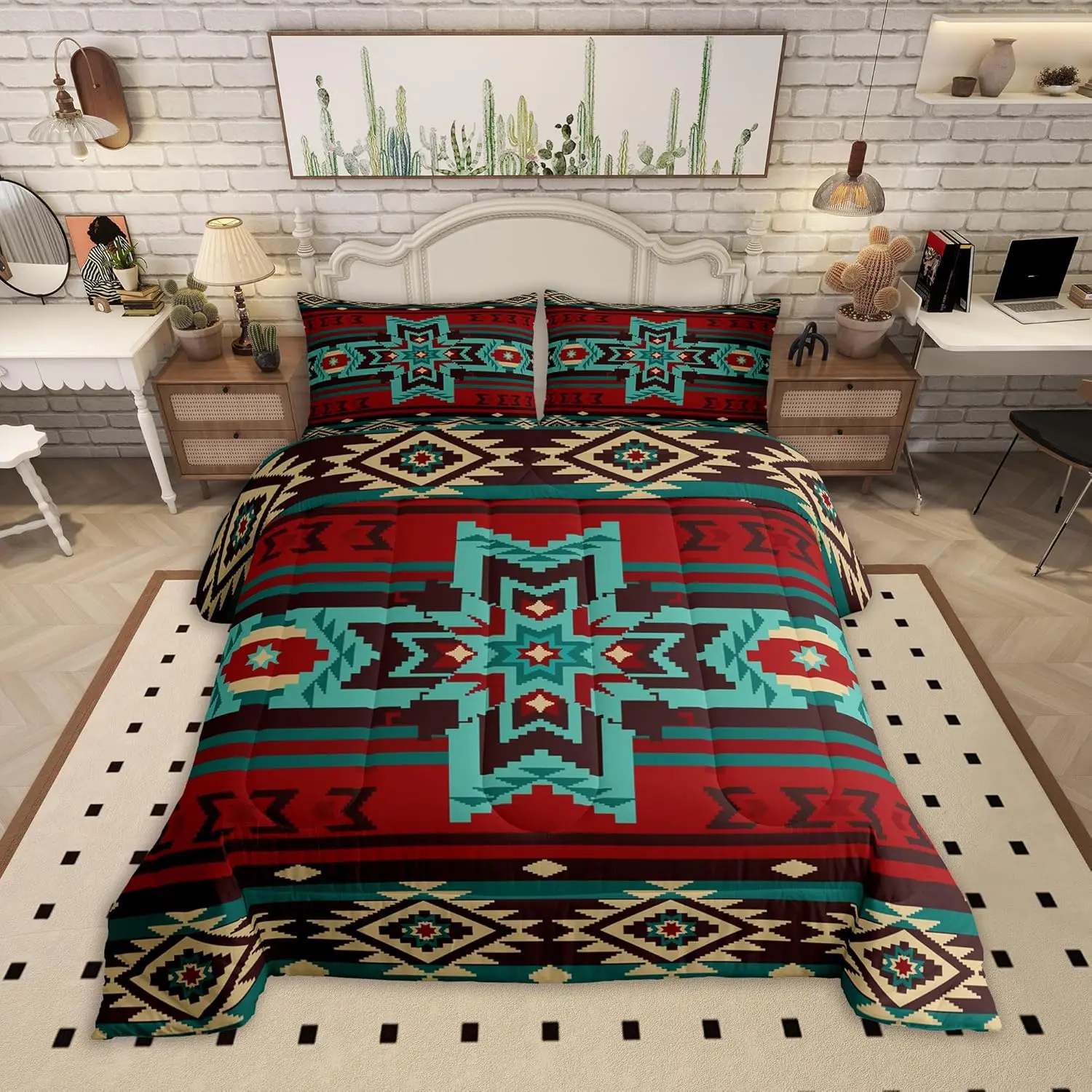 Western Comforter Set,Southwest Tribal Bedding Set Retro Aztec Pattern Quilted Duvet Women Room Decor,Brown Red and Cyan Stripes Duvet Insert