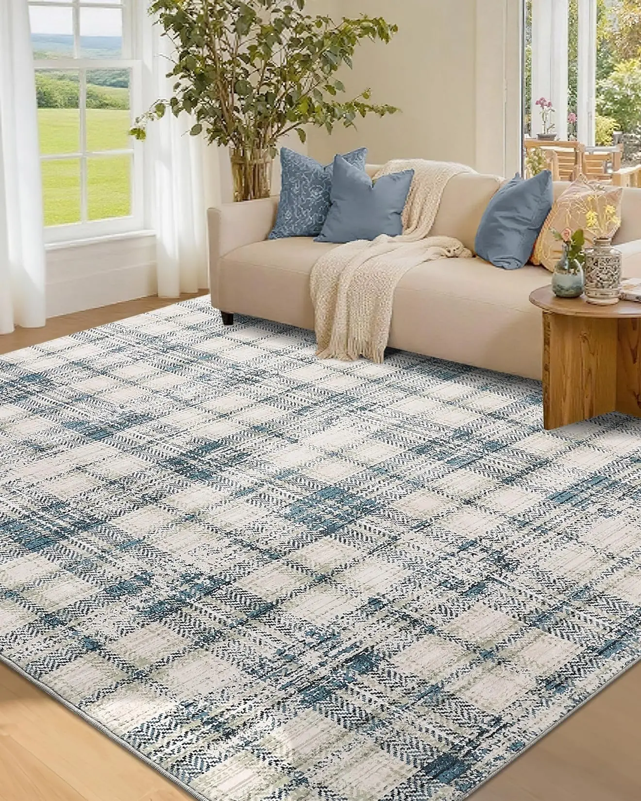 Garvee Washable Area Rugs 4x6 Rug for Living Room Modern Plaid Rugs for Bedroom Farmhouse Non Slip Entryway Rug Soft Nursery Rugs Stain Resistant Carpet for Entrance Dining Room 4'x6' Green/Beige