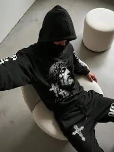 Men's & Women's Jesus Cross Graphic Hoodie Set, Fall Winter Casual Fitted, Streetwear Style, Religious Print Design