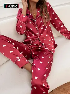 Women's Heart Print Satin Loungewear Set, Casual Lapel Button Front Shirt & Pants Fitted Pajama Set, Women's Sleepwear, Womenswear