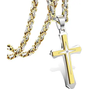 FLORIDECO Black/Golden Cross Necklace for Men Stainless Steel Byzantine Chain With Cross Pendant Necklace Mens Gift 24-30Inches
