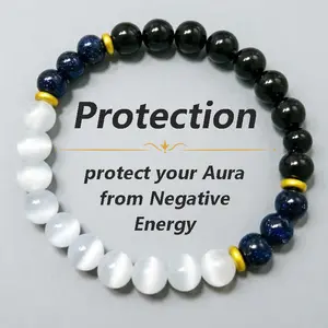 Cat's Eye Selenite Obsidian Blue Sandstone Bracelet, Unisex Natural Crystal Stretch Bracelet with 18K Gold Spacers, Protection & Calming Energy Jewelry for Men Women