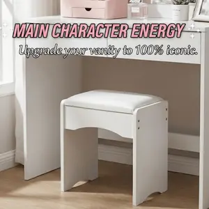 Modern Upholstered Vanity Stool with Storage, Soft Padded Seat Makeup Chair, White & Grey Accent Stool for BedroomBathroom tiktokshopspringglowup