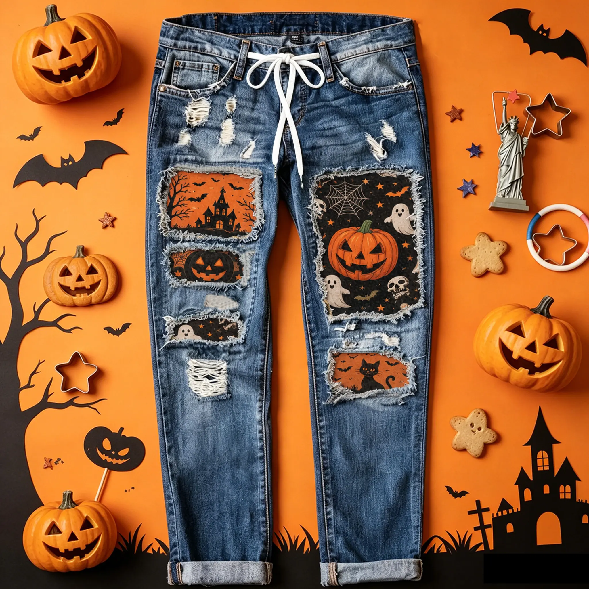 Women's 2026 New Halloween Cotton Blend Denim Jeans - Pumpkin Ghost Print, Scarecrow & Skull Prints, Button Closure, Mid Waist, Slim Fit, Straight Leg, Vintage Distressed Frayed Edges, Non-Stretch, Streetwear Style