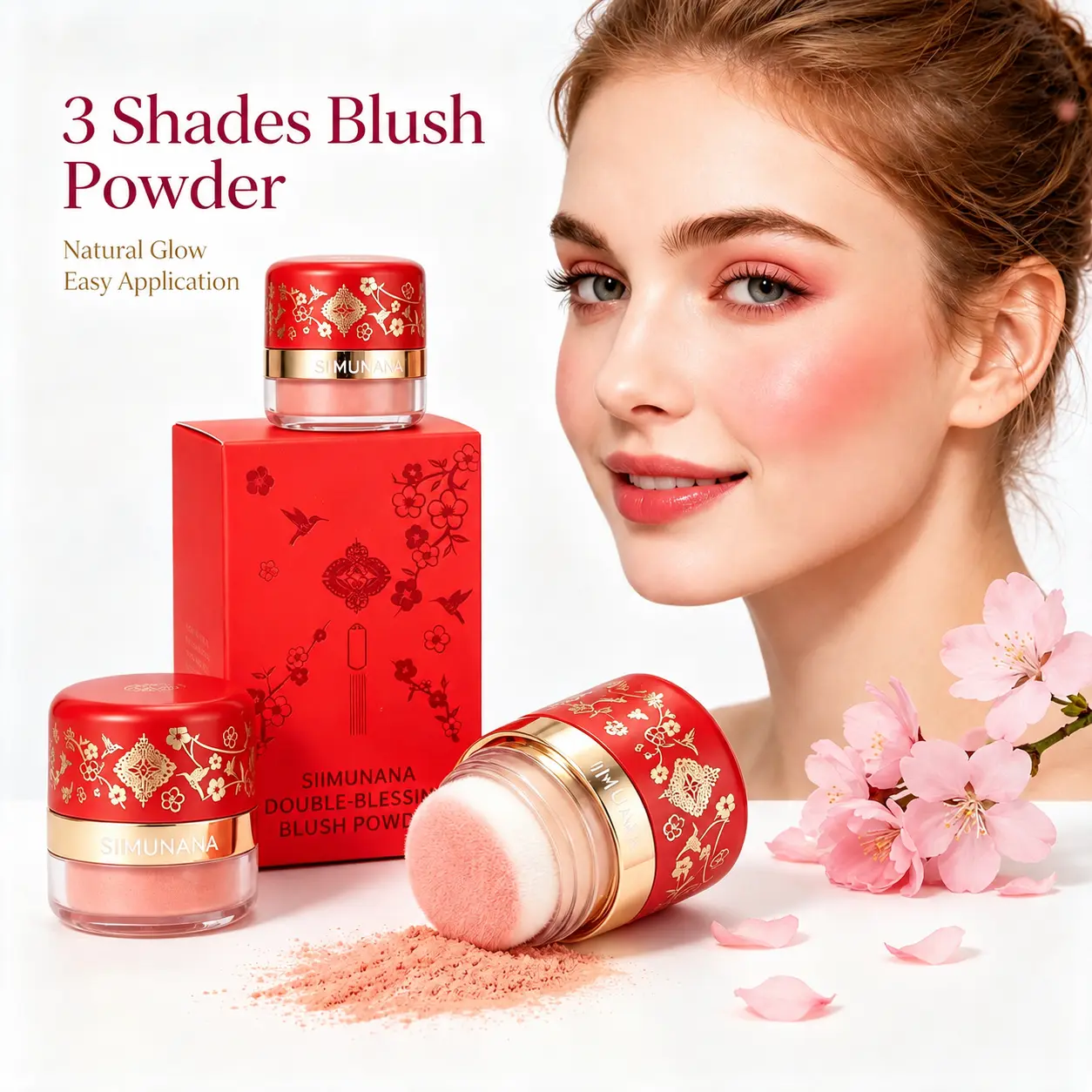 Women's 3-Color Blush Palette - Small Portable Compact with Mirror, Coral Peach Frostbite Red Blush, Natural Long-Lasting Vintage Stamp Makeup, Travel-Size Cosmetics Products, Beautycosmetics for Makeup Beginners