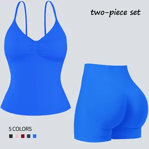 Jetjoy Workout Sets for Women, Seamless Workout Sets for Women 2 Piece  Longline Strappy Top Workout Tank Tops for Women Built in Shelf Bras Tank Top Crop Top+ Hidden Scrunch Shorts athleisure Fitness & Casual Wear Yoga Outfits Gym Tracksuit summeroutfit