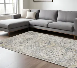 HomeRoots 576520 9x12 ft. Medallion Hand-Tufted Loop Rectangle Area Rug, Gray & Gold - Classic, Full-Sized, Large-Format, Ornate Rugs for Home Decor, Classic Area Rugs, Full-Sized Area Rugs