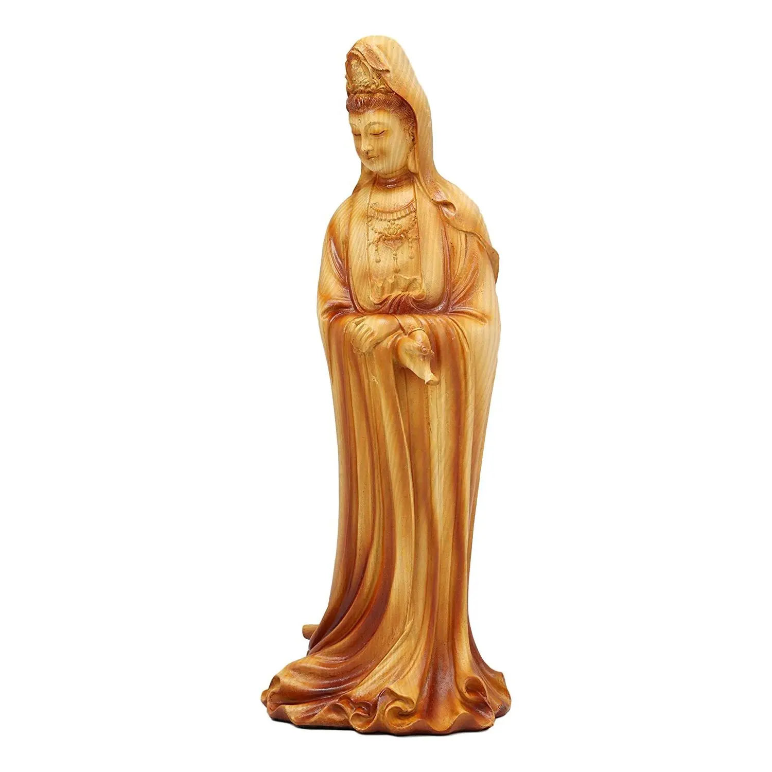 Ebros Religious Kuan Yin Standing Statue - 11.5" Tall Bodhisattva with Pure Water Jar, Compassionate Goddess Faux Wood Resin Sculpture for Home Decor, Ideal Gift