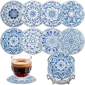 Blue and White Porcelain Diamond Art Coaster Kit, 8PCS DIY Diamond Painting Crafts with Holder, Chinese Style Mosaic Diamond Kit for Adults, Elegant Gift for Women & Teens