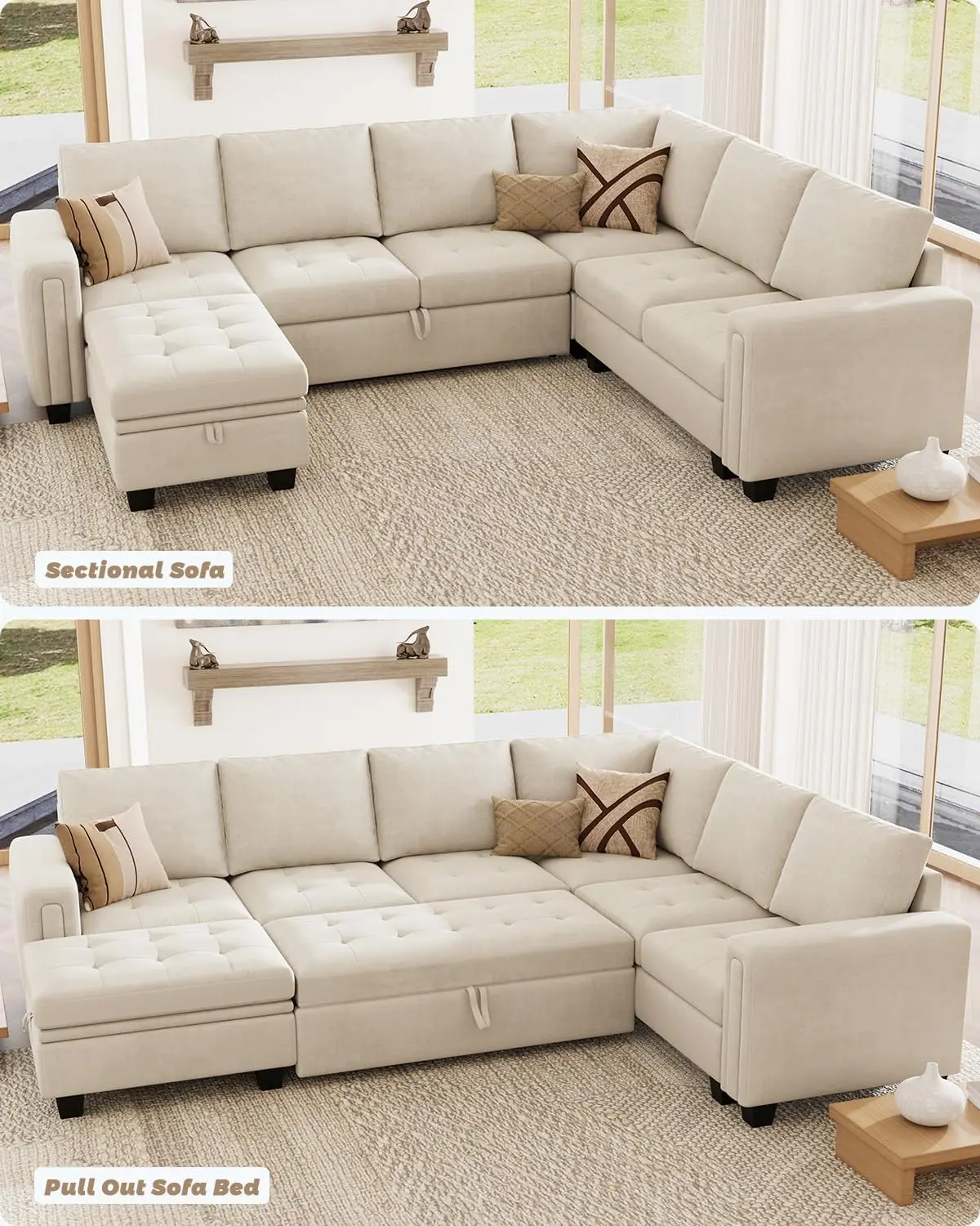 [Summer Sale Deals] Belffin Modular Sectional Sleeper Sofa with Pull Out Bed U Shaped Sectional Sofa Couch with Storage Ottoman Velvet Covertible 7-Seater Sofa for Living Room