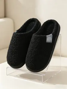 Simple Plush Slippers, Classic Solid Color Design, Soft Warm Fleece Lining, Anti-Slip Durable Sole, Perfect for Indoor Home Use, Black
