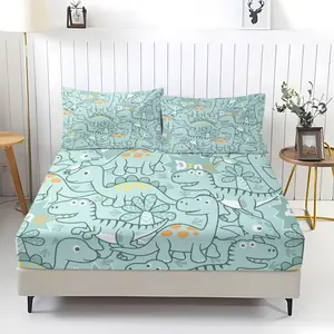 Dinosaur Pattern Fitted Sheet Set, Including 1 Sheet And 2 Pillowcases, Comfortable Bedding, Bedroom Decor