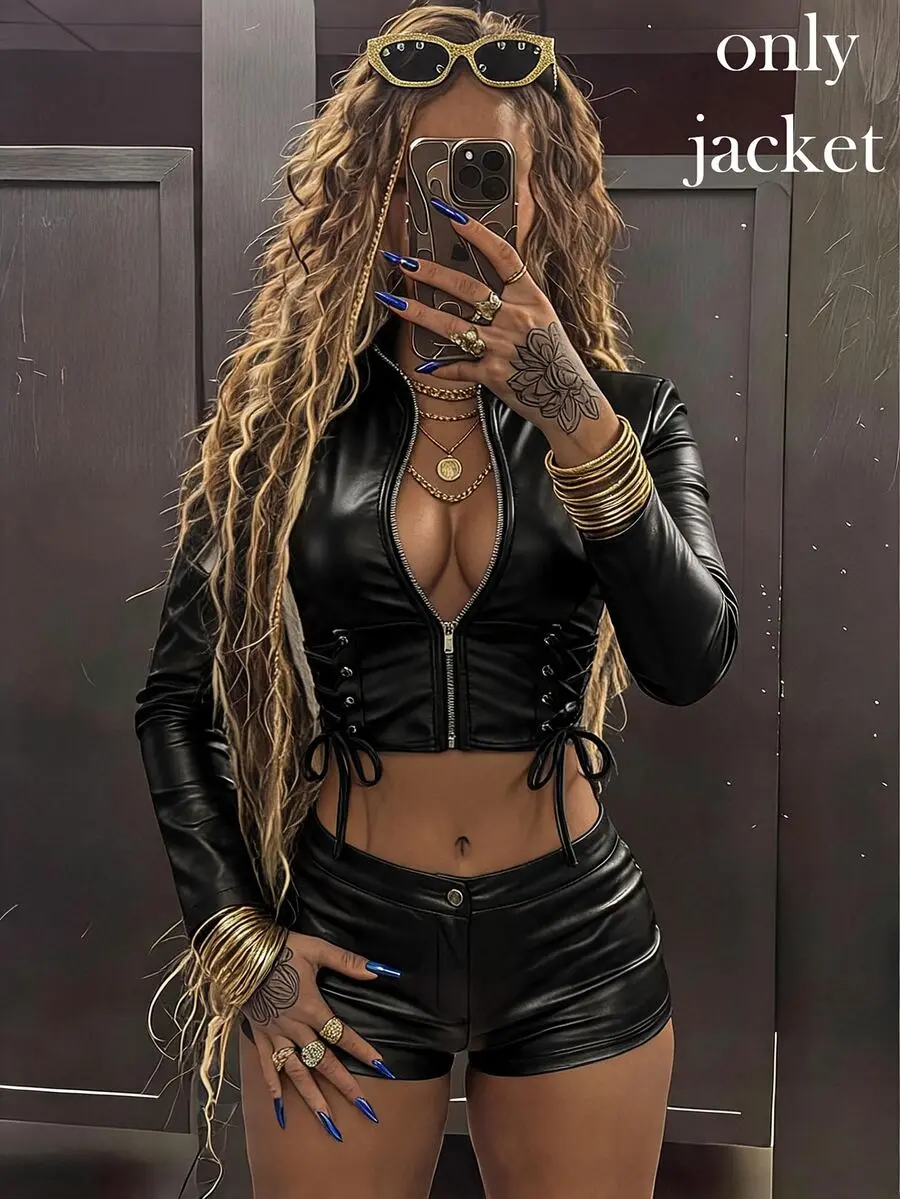 Elastic PU Fitted Bodycon Women's Jacket Criss-Cross Eyelet Webbing Cutout Metal Buckle Sexy Straps Slim Fit Y2K Halloween Club Black Autumn