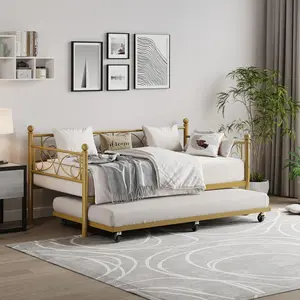 Gold Daybed with Trundle Bed, Twin Size Metal Day Bed with Floral Headboard, Modern Metal Sofa Bed Frame with Pull-Out Trundle, Heavy Duty Steel Slats Supports, for Living Room, Guest Room