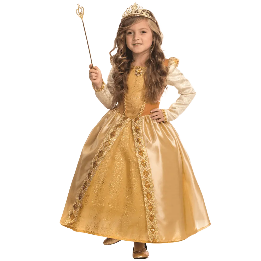Gold Princess Costume For Kids | Princess Dress Up Costume Set With Tiara & Wand - Girls Party Dress Perfect For Halloween, Birthday & Role Play, Fairy Tale Dress