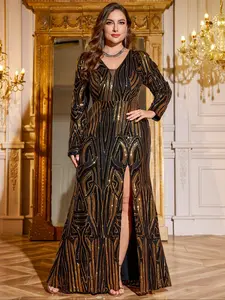 UNITHORSE Random Cut Plus Size Women's V-Neck Gold Sequined Embroidery Fishtail Hem Formal Party Dress, Bride Dress, Birthday Women Outfits, Graduation Dress