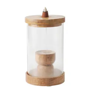 Wood & Glass Backflow Incense Burner Kit, Includes a Backflow Incense Cone Holder and 25 Incense Cones Set Gift