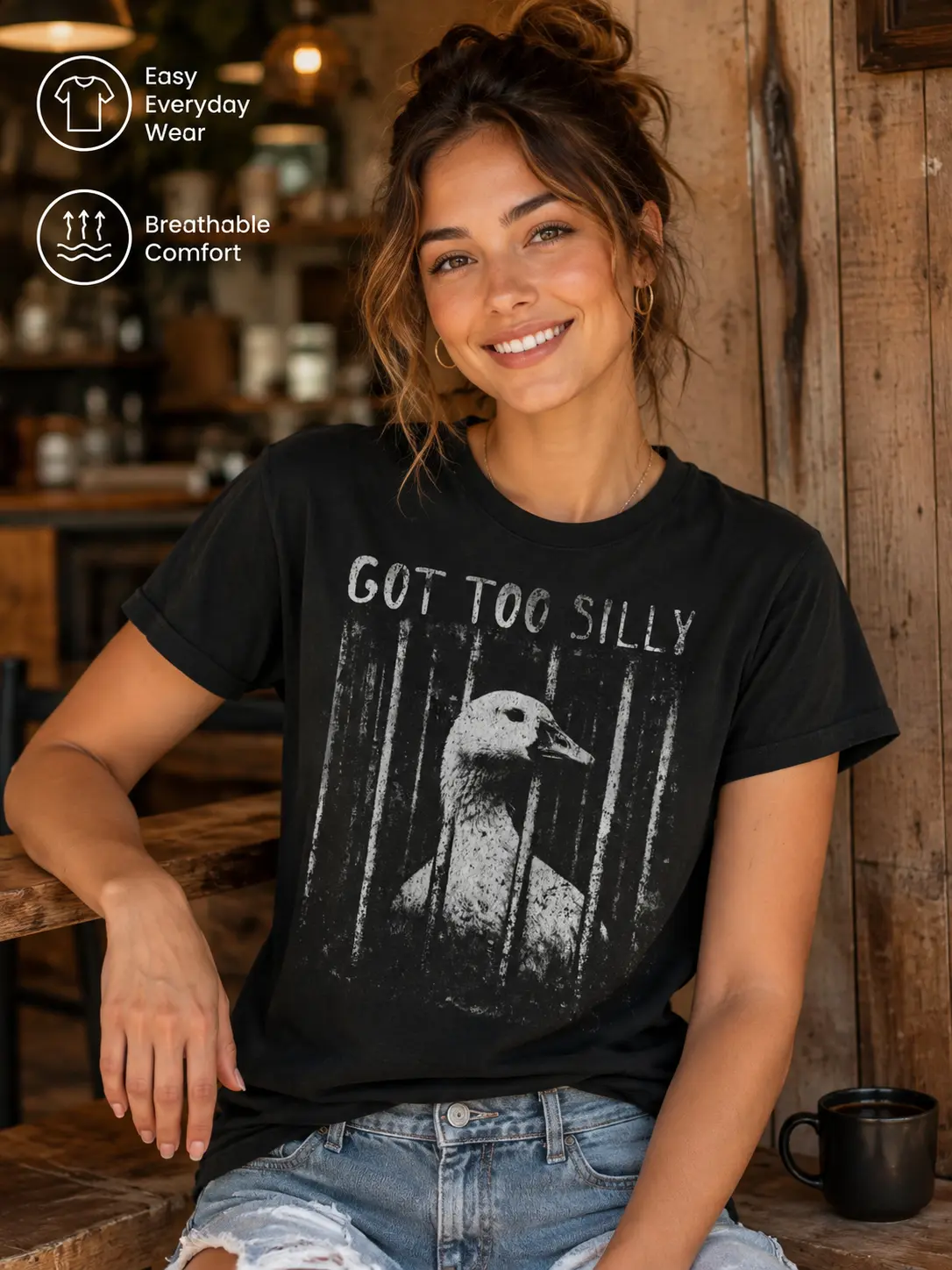 Got Too Silly Goose Jail Letter Print Black Shirt T-Shirt Tee Top Oversized Unisex Harajuku Streetwear Casual Sweet Wear Outfit Men Women Trendy Meme Graphic Fashion