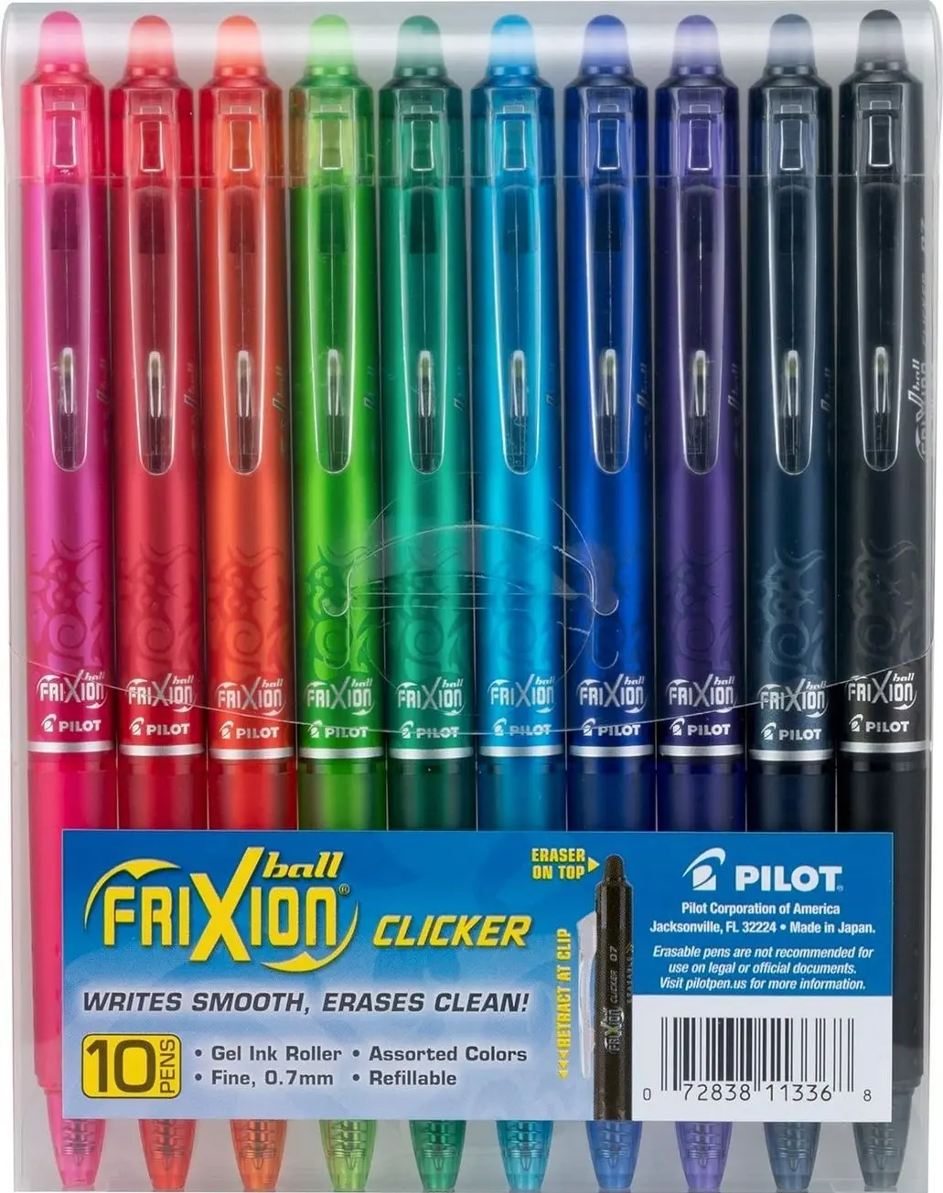 PILOT FriXion Clicker Erasable, Assorted Color Inks, 10-Pack Pouch
