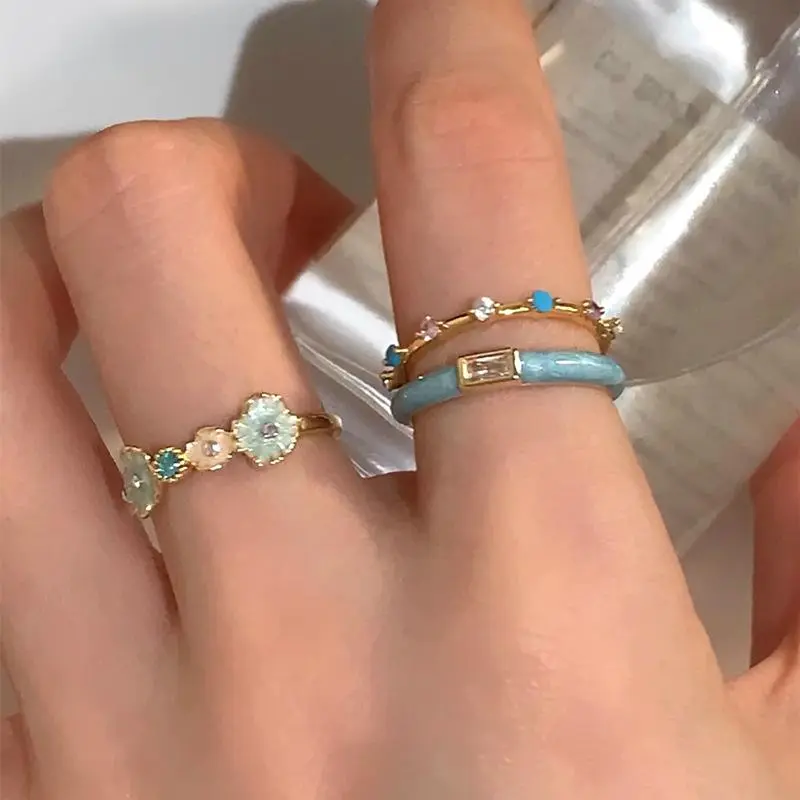 PANJBJ 925 Sterling Silver Golden Flower Rings For Women Drip Glaze Plant Irregular Adjustable Sweet Jewelry Gift