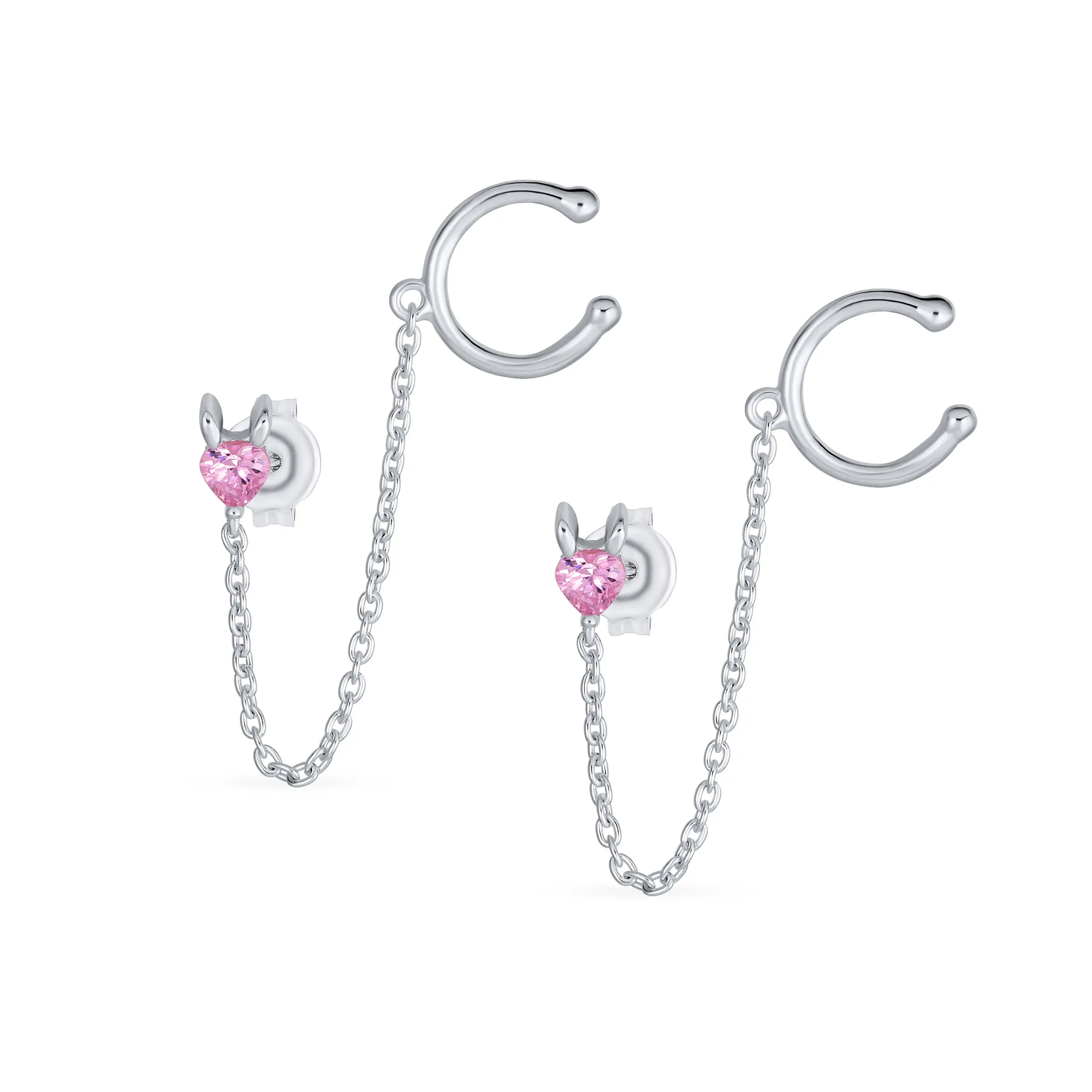 Pink Heart Double Piercing Cartilage Cuff & Stud Earrings Sterling Silver