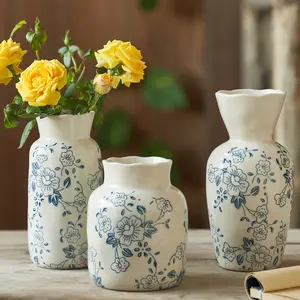 Handmade Vintage Ceramic Vase, Cracked Surface, Base Blue Plum Pattern, French Country Style, Wave Mouth Design, Floral Decor Gift