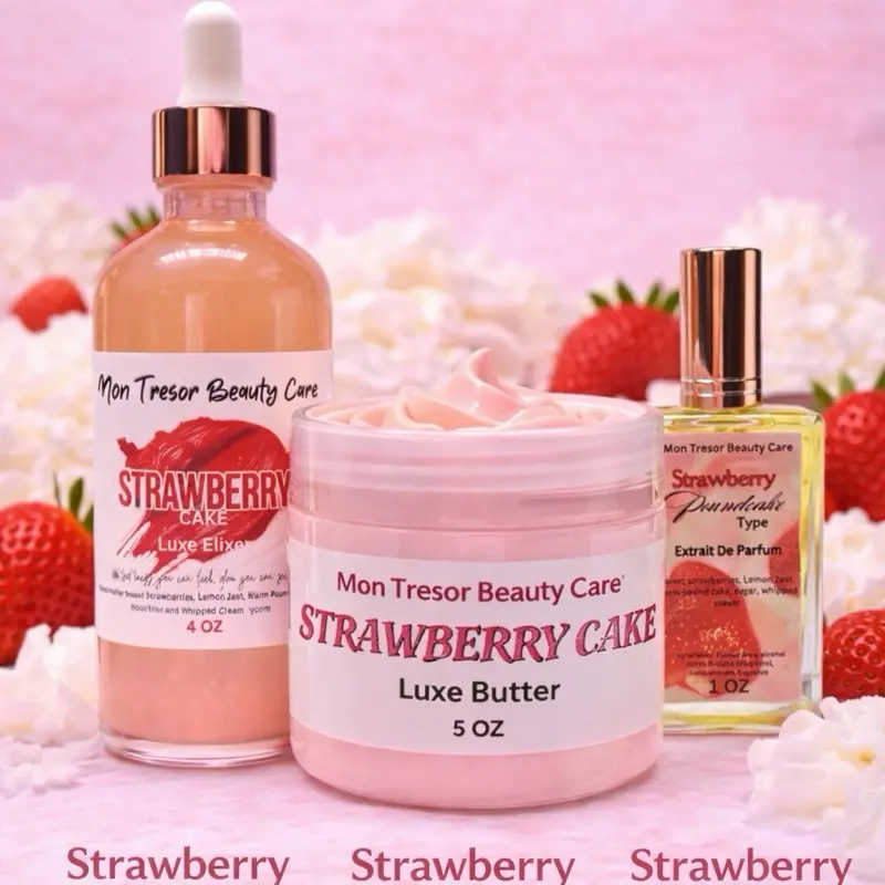 Signature Strawberry Cake 3-Pack Scented Body Care Set - Luxe Shea Butter Moisturizer, Hydrating Cake-Lemon Aroma Extrait, Nourishing Elixir Oil for All Skin Types, Multi-Pack for Home Spa, Full-Size Luxury Fragrance Gift Set Boosting Moisture
