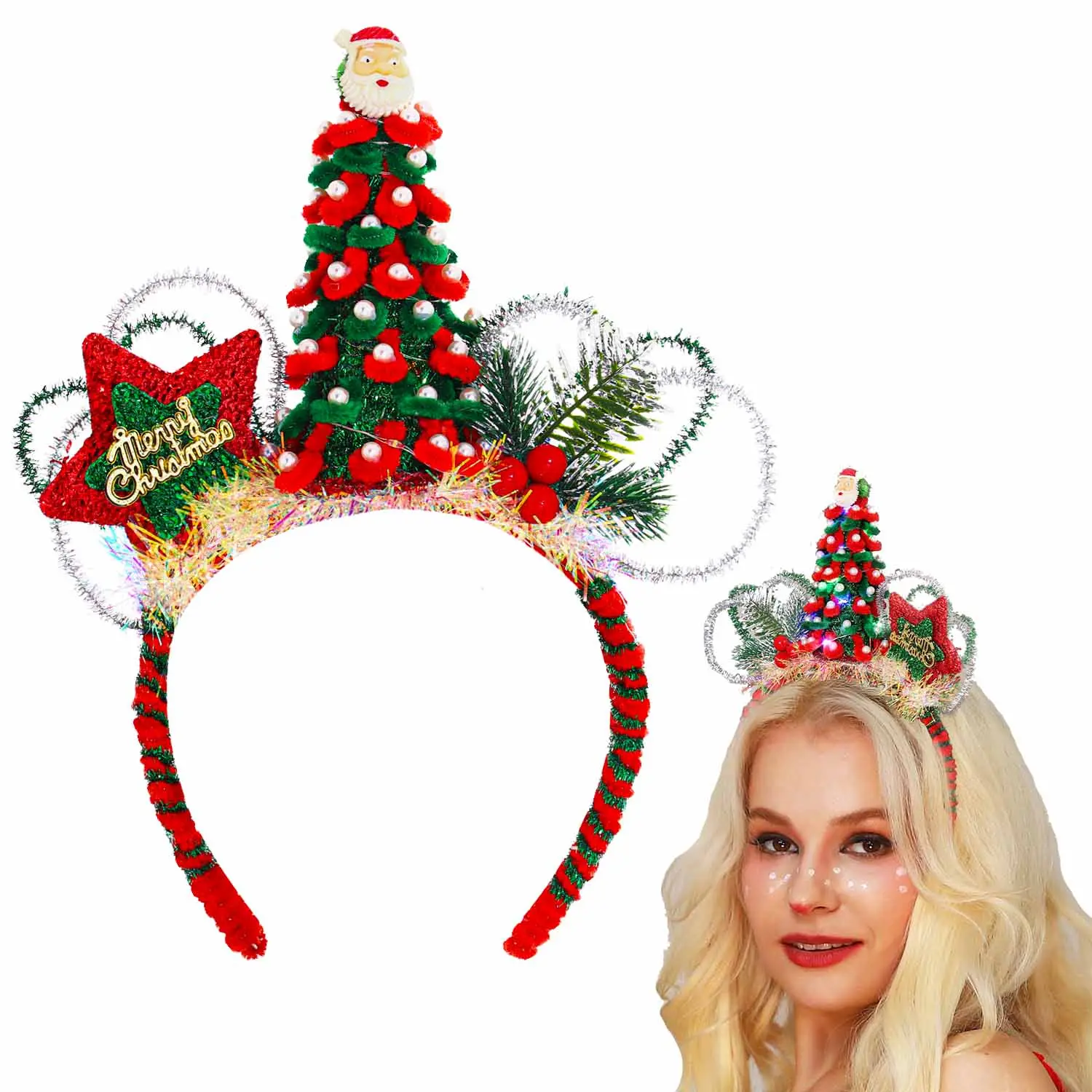 Christmas Headband Christmas Tree Headpiece Light up Headbands Festival Party Hair Accessories for Women and Girls