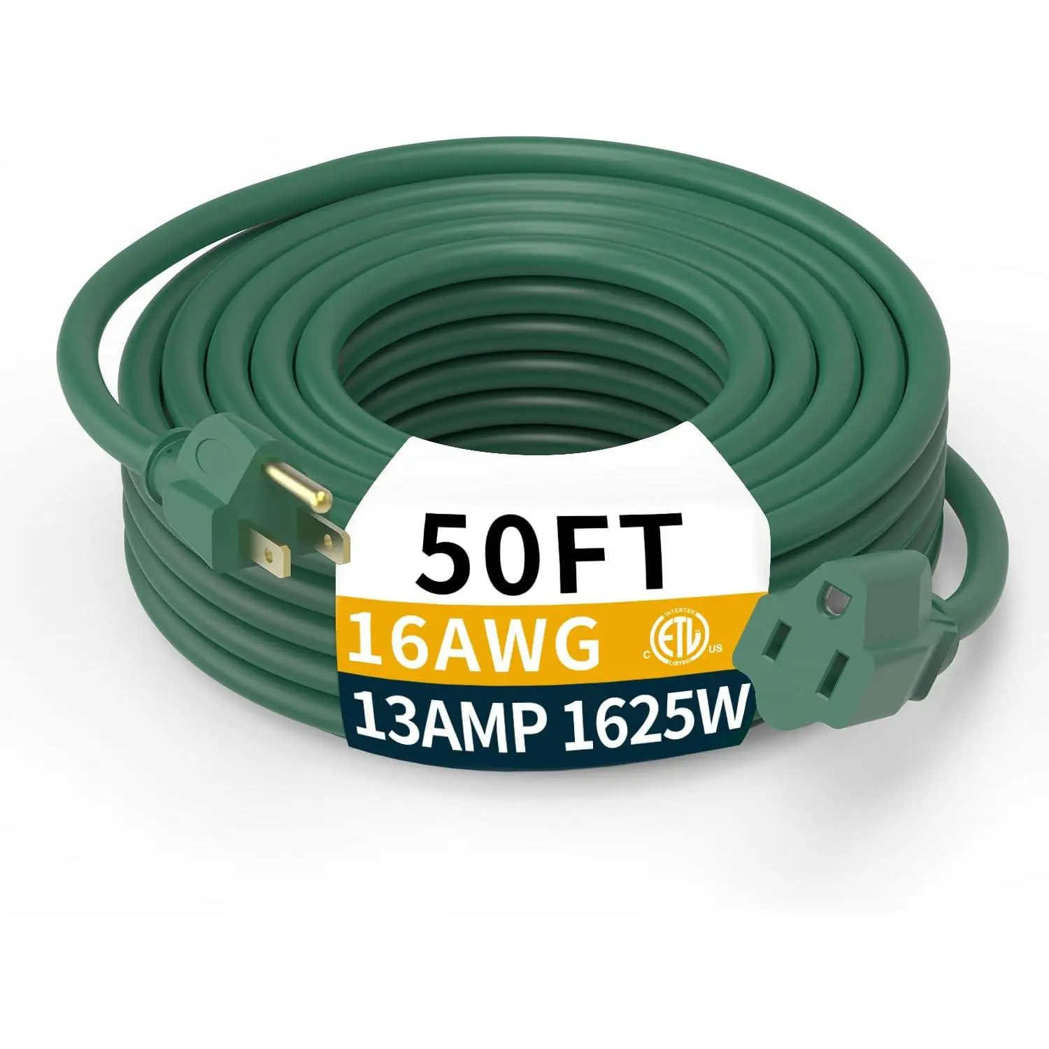 50ft 16/3 Gauge Light Duty Outdoor Extension Cord ETL, Green