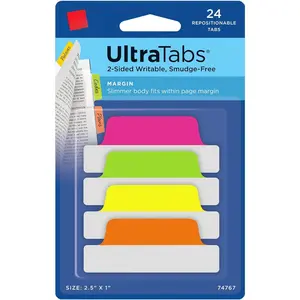 Margin Ultra Tabs, 2.5" x 1", 2-Side Writable, Assorted Neon Color, 24 Repositionable Page Tabs (74767)